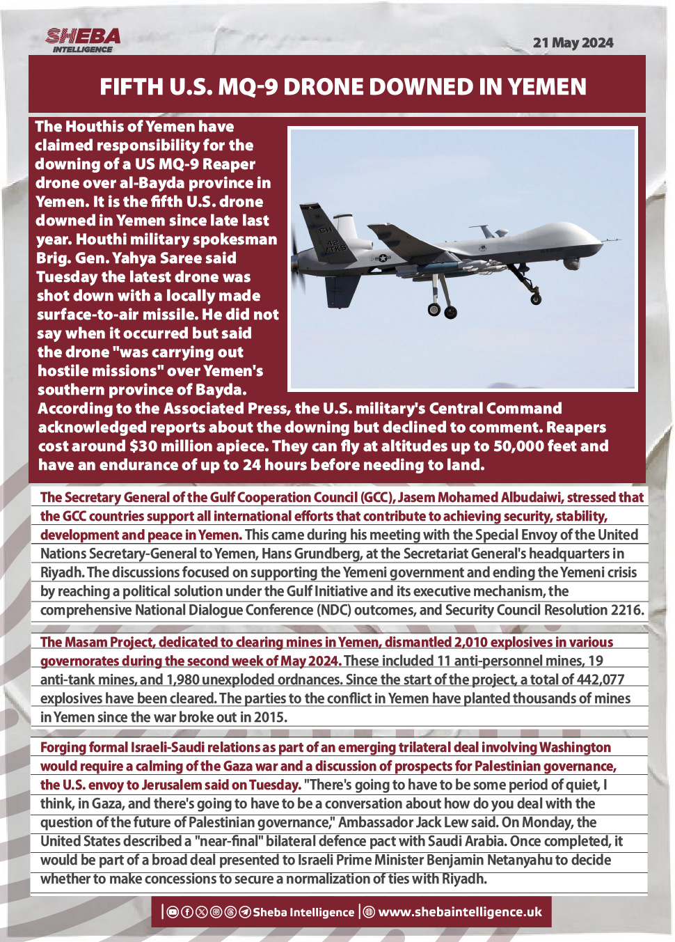Fifth U.S. MQ-9 Drone Downed in Yemen