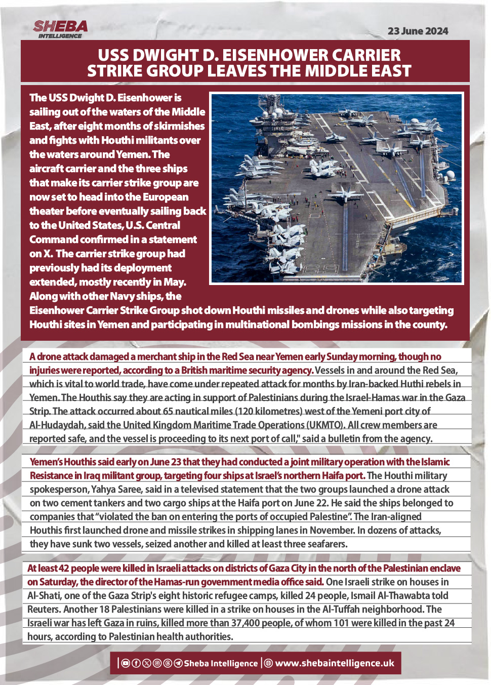 USS Dwight D. Eisenhower Carrier Strike Group leaves the Middle East