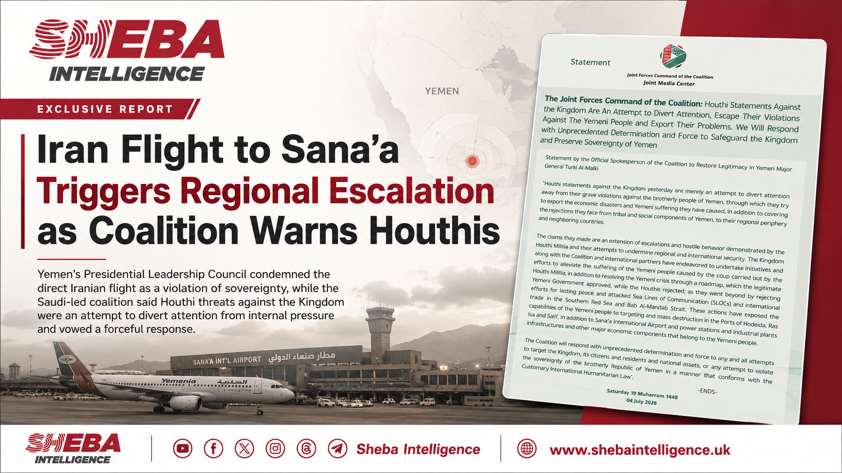 Iran Flight to Sana’a Triggers Regional Escalation as Coalition Warns Houthis
