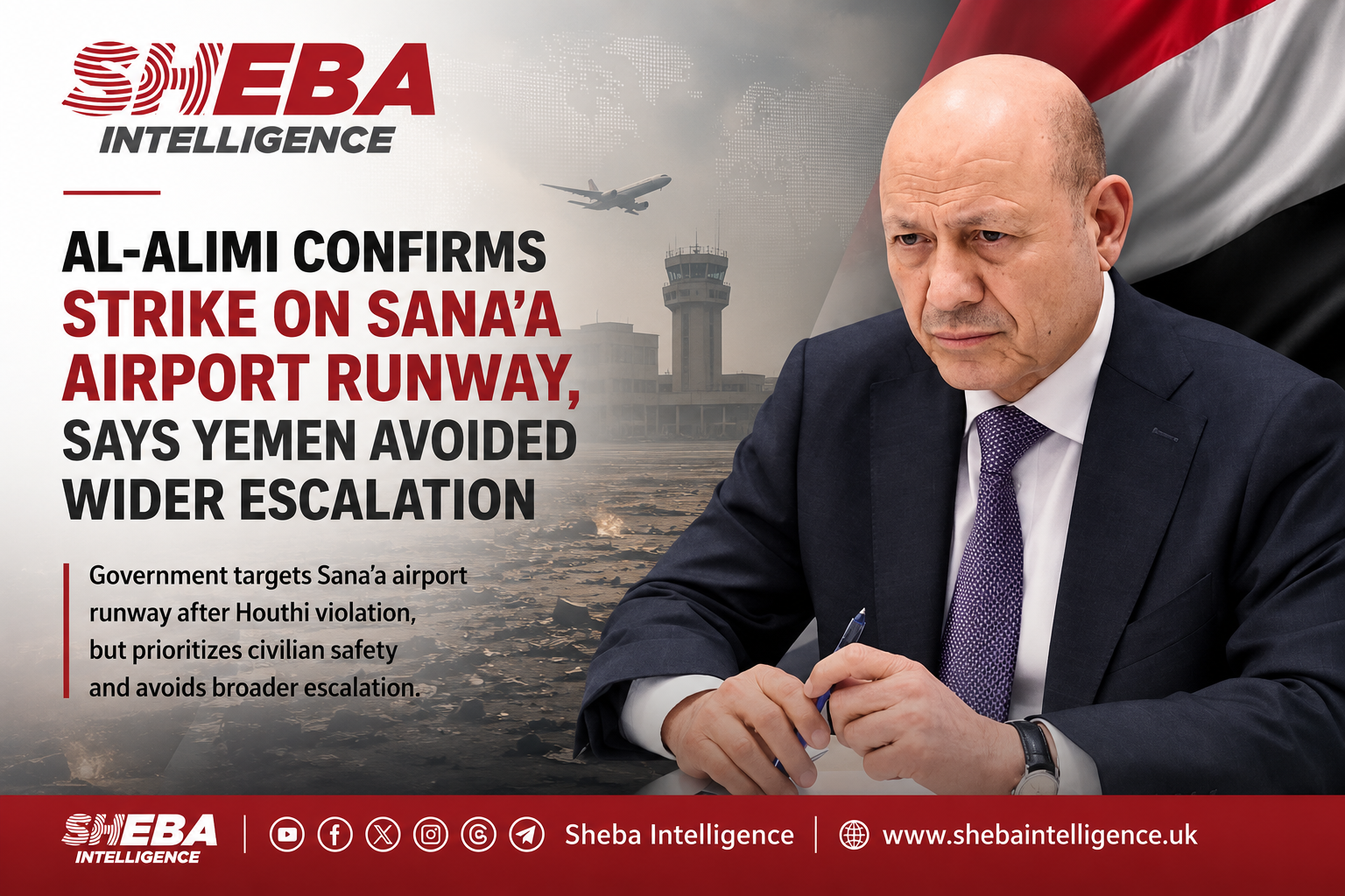 Al-Alimi Confirms Strike on Sana’a Airport Runway, Says Yemen Avoided Wider Escalation