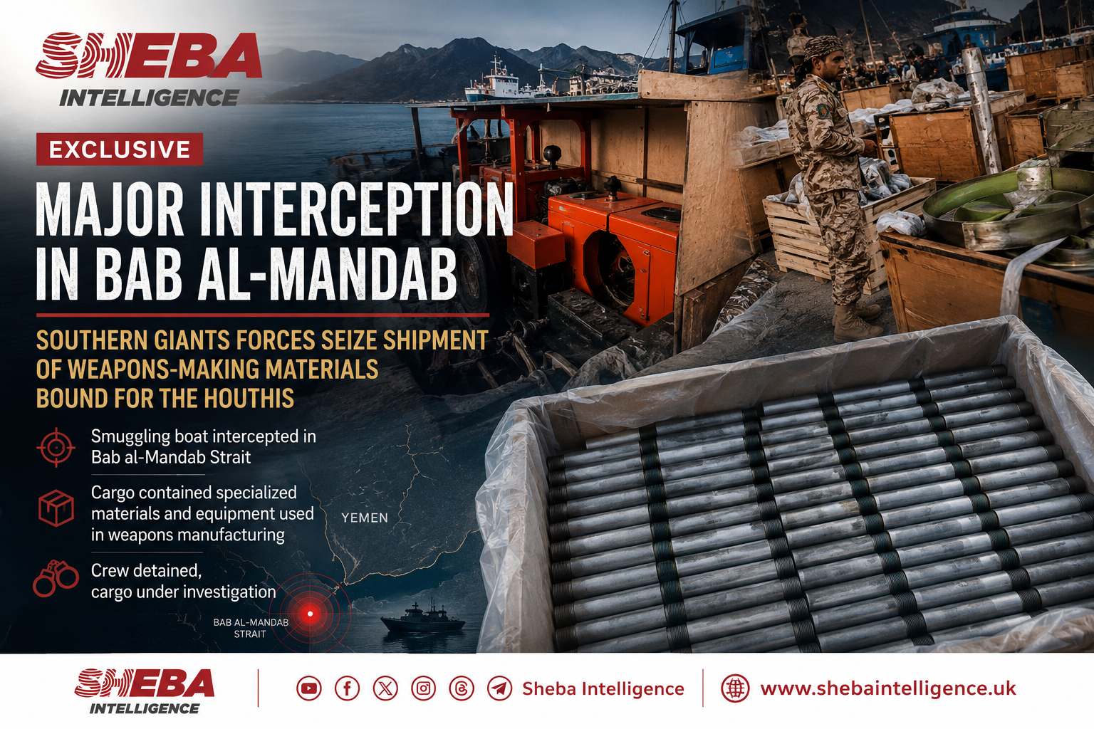 Southern Giants Forces Intercept Weapons Manufacturing Shipment Bound for Houthis in Bab al-Mandab