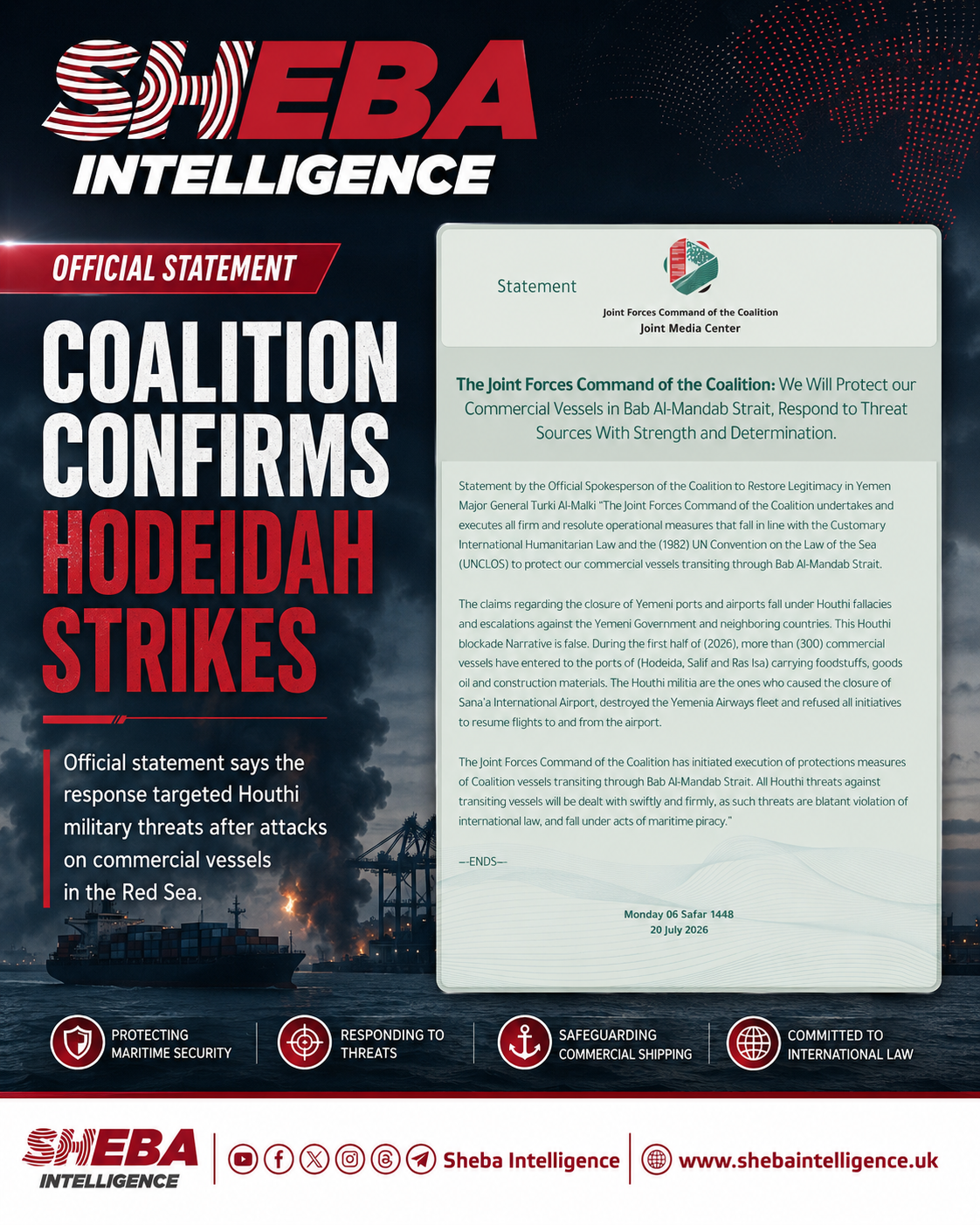 Coalition Confirms Strikes on Houthi Military Targets in Hodeidah After Attacks on Saudi Shipping