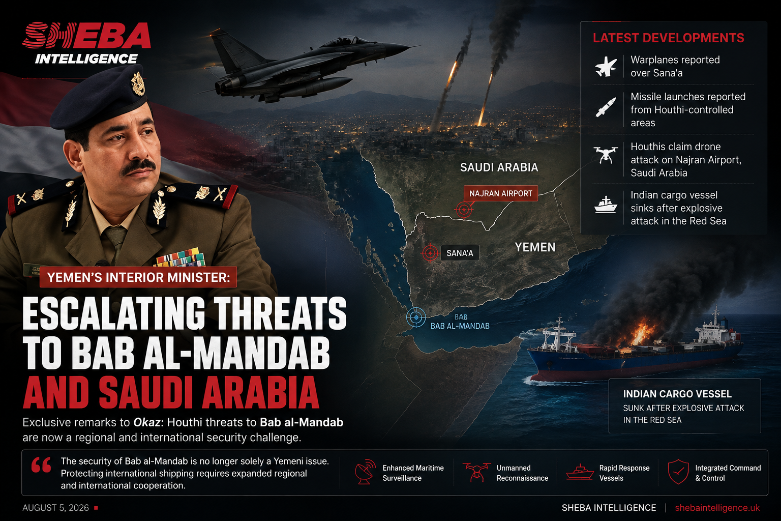 Warplanes Reported Over Sana'a as Yemen's Interior Minister Warns of Escalating Threats to Bab al-Mandab and Saudi Arabia