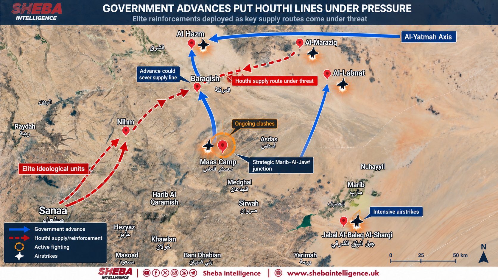 Houthi Leader Deploys Ideological Elite Units as Government Forces Close In on Maas Camp and Baraqish