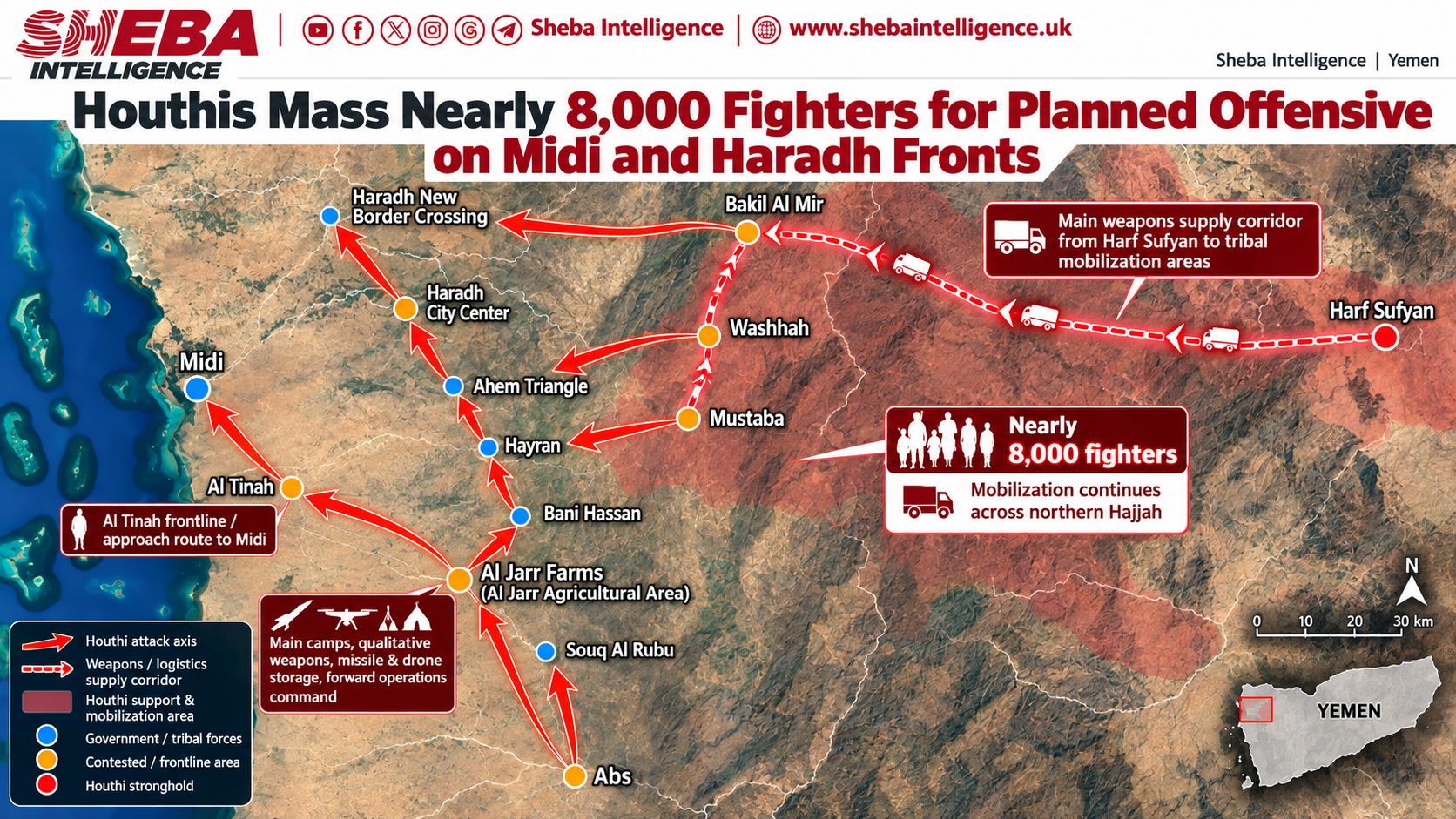 Houthis Mass Nearly 8,000 Fighters for Planned Offensive on Midi and Haradh Fronts