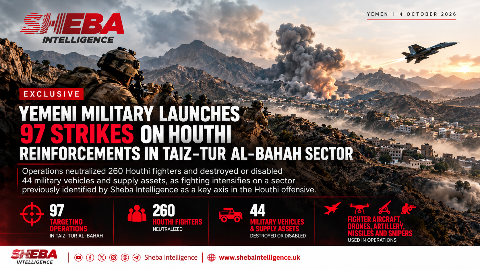 Yemeni Military Launches 97 Strikes on Houthi Reinforcements in Taiz–Tur Al-Bahah Sector
