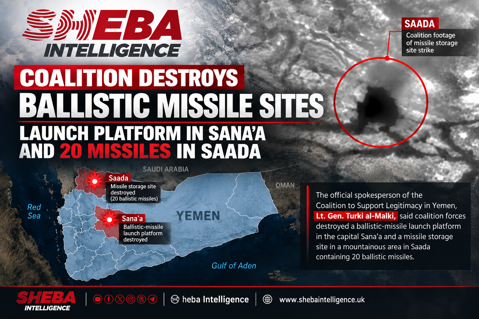 Coalition Destroys Ballistic-Missile Launch Platform in Sana’a, Storage Site Holding 20 Missiles in Saada
