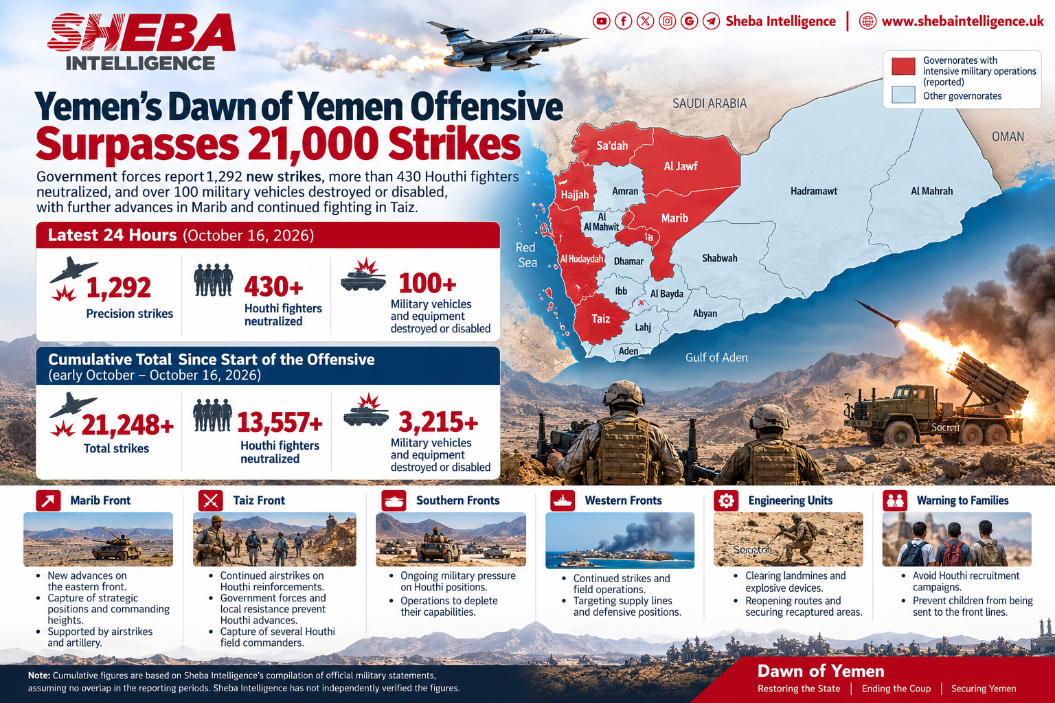 Yemen’s Dawn of Yemen Offensive Surpasses 21,000 Strikes as Government Forces Advance in Marib and Capture Houthi Commanders in Taiz