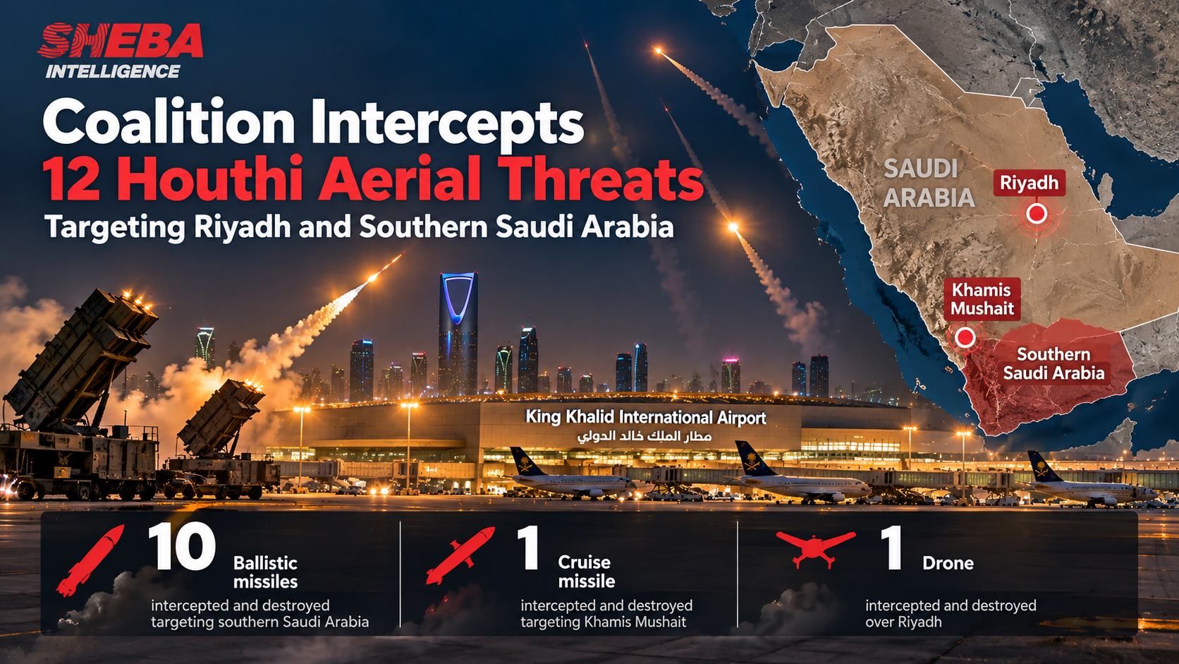 Coalition Intercepts 12 Houthi Aerial Threats Targeting Riyadh and Southern Saudi Arabia
